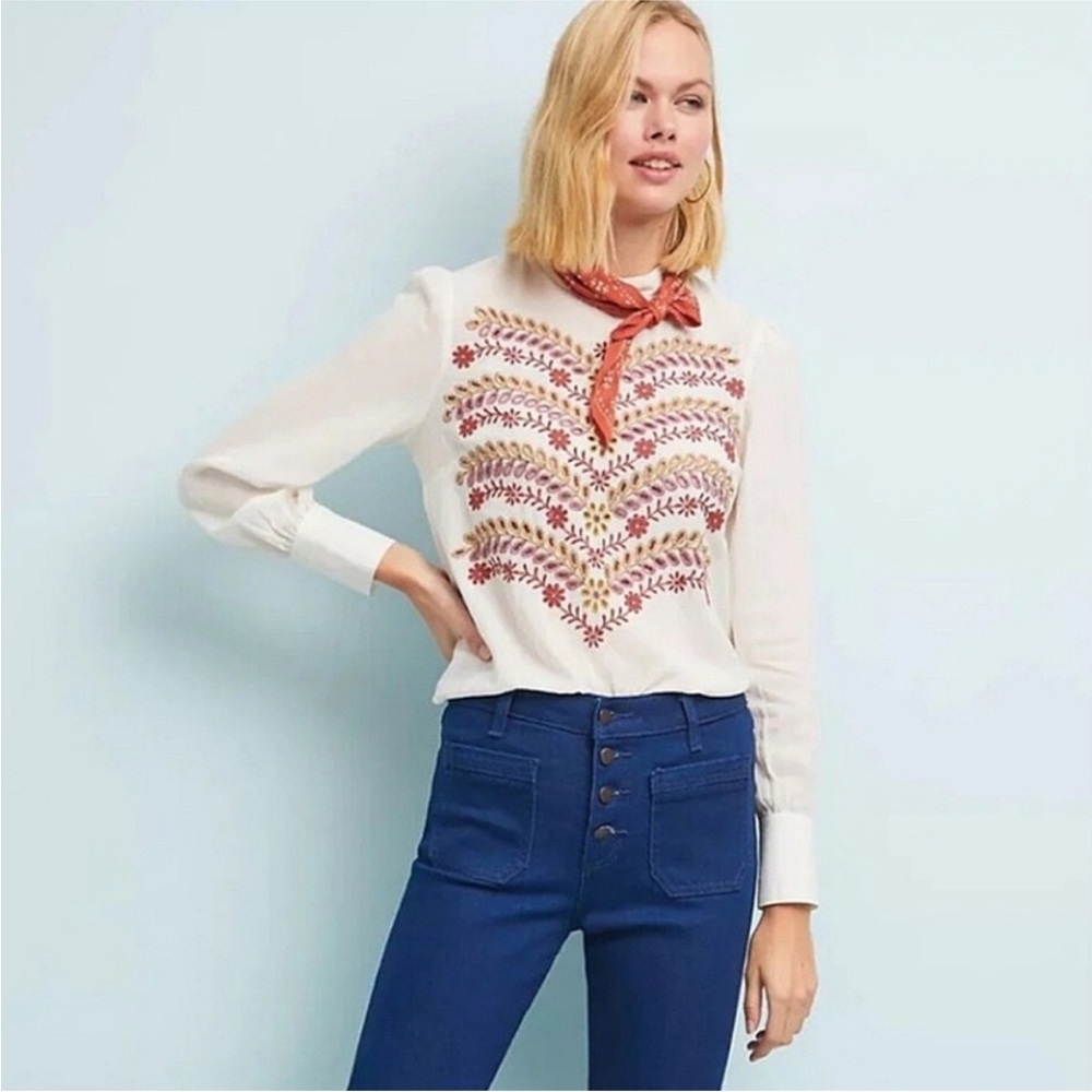 Anthropologie Meadow Rue Daphne Embroidered Blouse Cotton Gauze Boho Festival